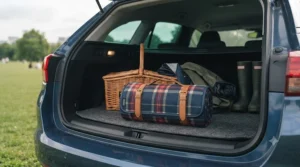 A lightweight rolled picnic rug stored compactly, perfect for keeping in the car boot for impromptu summer trips.[cite: 8]