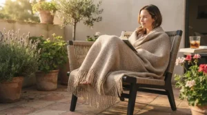A person relaxing on a sunny patio chair wrapped in a breathable all season blanket on a cool British summer evening.