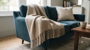Stylish grey all season blanket casually thrown over the arm of a velvet sofa in a contemporary London apartment.