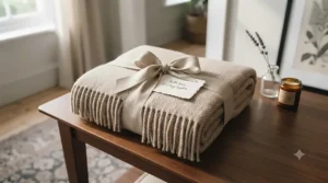 Elegantly packaged all season blanket tied with a ribbon, presented as a thoughtful wedding or housewarming gift.