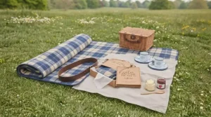 Beautifully presented picnic blanket gift set in eco-friendly gift packaging, ready for a birthday or wedding present