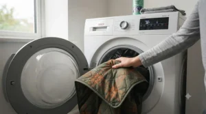 An insulated camping blanket being loaded into a washing machine, highlighting its easy-care and machine-washable properties.