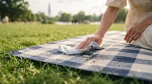 Showing how easily spills wipe clean from the water-resistant fabric of an extra large picnic blanket for groups.