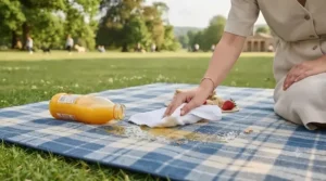 Spilt juice being easily wiped clean from a spill-resistant, washable family picnic mat surface.
