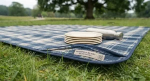 Detailed view of the sturdy stitching on a machine-washable travel picnic blanket.
