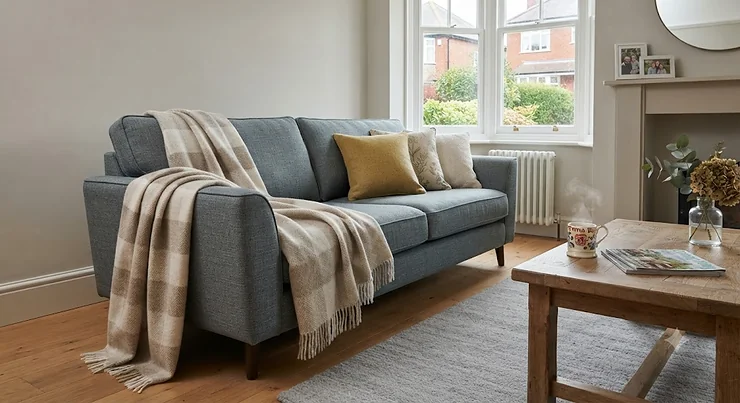 Photorealistic living room styled with a soft, breathable multi-season throw draped elegantly over a modern grey fabric sofa in a natural British home interior. multi-season throw for sofa