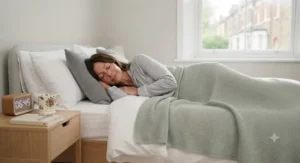 Peaceful bedroom scene featuring a high-performance cooling blanket for night sweat relief.