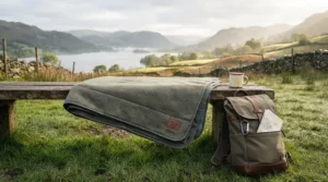 A lightweight packable camping blanket spread out on a wooden bench at a scenic UK campsite with a backpacking rucksack nearby.