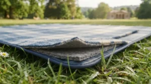 Close-up texture shot showing the soft fleece top layer and thick cushioned padding of a family picnic blanket.