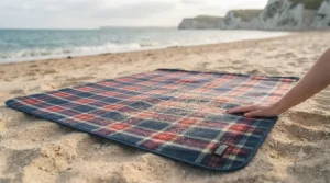 A versatile sandproof picnic mat laid out on a sandy British beach, easy to shake clean after use.[cite: 6]
