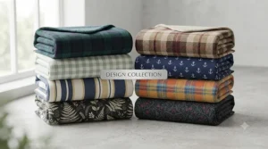 Selection of classic British tartan, striped, and modern sage green waterproof picnic blanket patterns