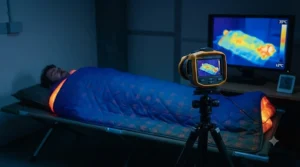 Thermal imaging style graphic or person staying warm under a fleece-lined insulated camping blanket during a chilly night under canvas.