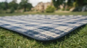 Traditional tartan pattern picnic blanket spread out for a classic British summer afternoon outing.