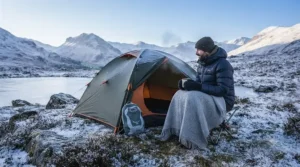 A camper wrapped in a durable all season blanket for travel by a tent in a UK national park.