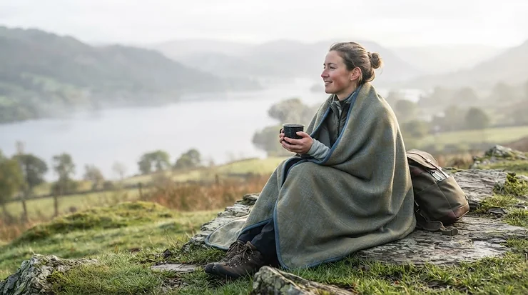 A hiker staying warm wrapped in an insulated packable camping blanket while sitting on a camp chair on a chilly morning. packable camping blanket for backpacking