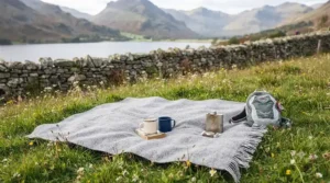 A compact all season blanket for travel laid out on grass during a countryside picnic in the UK.