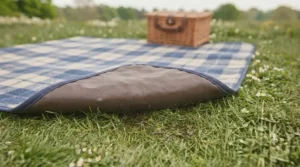Waterproof PEVA backing of the picnic blanket gift set resting on damp British grass to keep users dry