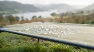Water droplets beading off the weather-resistant outer shell of a packable camping blanket during a light drizzle outdoors.