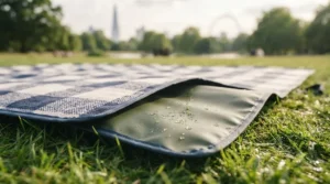 Close-up view of the waterproof backing on an extra large picnic blanket protecting against damp grass during a UK day out.
