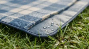 Close-up of water beading on the waterproof PEVA backing of a durable family picnic blanket on damp grass.