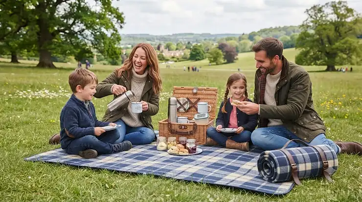 Family enjoying a sunny afternoon tea on a waterproof picnic blanket gift set at a National Trust park picnic blanket gift set