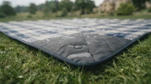A moisture-proof picnic blanket laid out on damp English countryside grass, keeping the top dry.