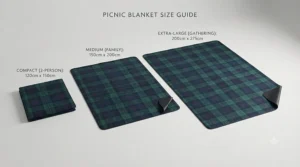 Size guide comparing a 2-person compact picnic mat to an extra large family waterproof picnic blanket