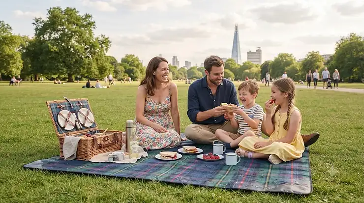 Large tartan waterproof picnic blanket laid on park grass with a traditional wicker picnic hamper waterproof picnic blanket