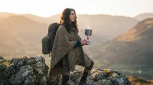 A hiker wearing a snap-button insulated camping blanket as a poncho while making tea on a portable stove.
