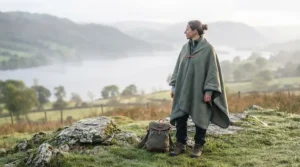 A backpacker wearing a packable camping blanket as a secure hands-free cape using integrated snap buttons around the shoulders.