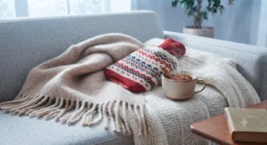 A thick-pile multi-season throw layered alongside a hot water bottle and a hot mug of tea on a comfortable living room couch during winter.