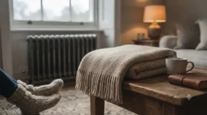 A cozy armchair set up by a radiator with a folded all season blanket ready for cold winter weather.