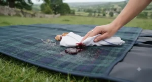 Spilt drink being wiped clean from the durable surface of a travel picnic blanket.