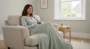 A woman relaxing on a sofa using a calming, breathable cooling weighted blanket.