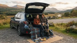 Using a large camping blanket for car camping spread out from the car boot for a roadside picnic