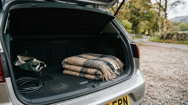 A rolled camping blanket for car camping stored neatly in the boot of a car ready for a weekend getaway