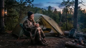 Relaxing outside a pitched tent with a camping blanket for car camping during an autumn evening