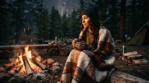 Staying warm by the fire pit with a durable camping blanket for car camping draped over shoulders