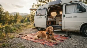 A golden retriever resting on a soft camping blanket for car camping outside a camper van