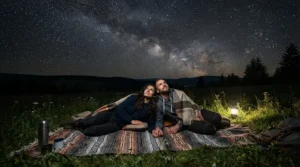 Laying on a plush camping blanket for car camping while stargazing on a clear night in the countryside