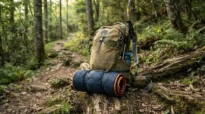 A rolled camping blanket for cold weather strapped securely to the outside of a rucksack on a trail