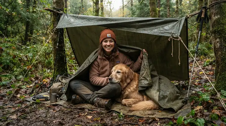 A dog and its owner sharing a camping blanket for cold weather by a shelter during a hike