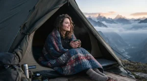 A high-quality camping blanket for cold weather keeping a hiker warm inside a tent overlooking a misty valley