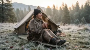 A camper wrapped in a camping blanket for cold weather on a frosty morning outside a dome tent