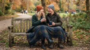 Two people sharing a camping blanket for cold weather at a wooden bench in a national park