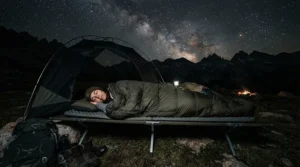 A camper using a durable camping blanket for cold weather while stargazing on a frosty night