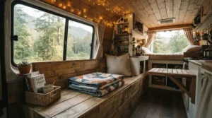 Inside a campervan setup featuring a warm camping blanket for cold weather on a wooden bench
