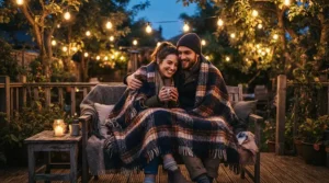 Friends sharing a camping blanket for festivals while sitting outdoors as twilight approaches.