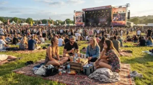 Concert-goers relaxing on a large camping blanket for festivals during a sunny outdoor afternoon event.