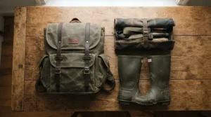 A camping blanket for festivals rolled up neatly next to a backpack and wellies on a checklist flat lay.